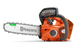 Side view of a Husqvarna chainsaw with visible branding and ergonomic handle.