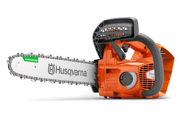 Side view of a Husqvarna chainsaw with visible branding and ergonomic handle.