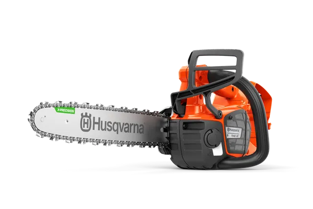 Side view of a Husqvarna chainsaw with visible branding and chain.