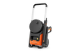 Front view of a Husqvarna pressure washer with wheels and hose reel.