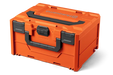 Front view of a Husqvarna storage box with handle and latch.