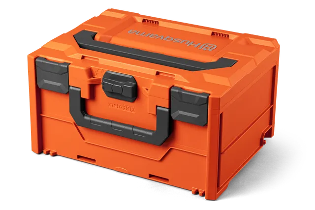 Front view of a Husqvarna storage box with handle and latch.