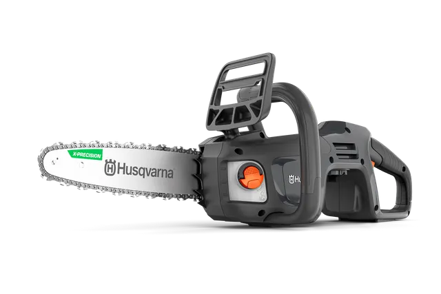 Side view of a Husqvarna chainsaw with ergonomic handle and visible controls.