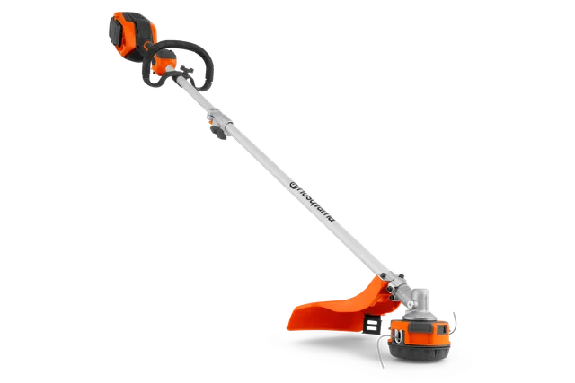 Side view of a Husqvarna string trimmer with visible battery compartment.