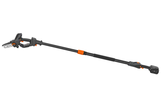 Side view of a Husqvarna pole saw with an extended handle.