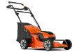 Side view of a Husqvarna lawn mower with grass collection bag.