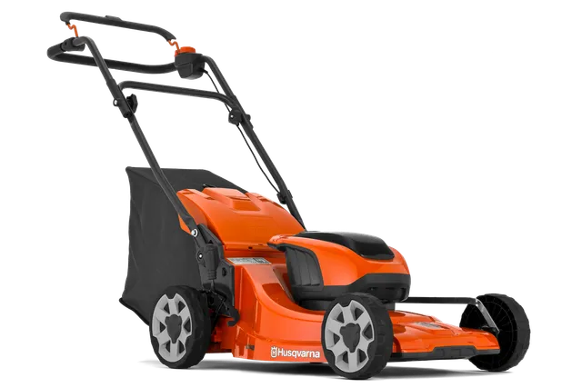 Side view of a Husqvarna lawn mower with grass collection bag.