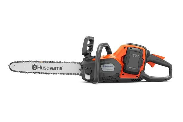 Side view of a Husqvarna battery-powered chainsaw.