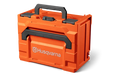 Front view of a Husqvarna tool storage box with handle.