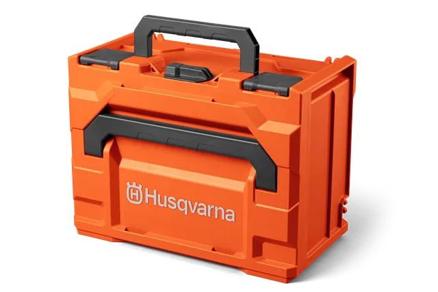 Front view of a Husqvarna tool storage box with handle.