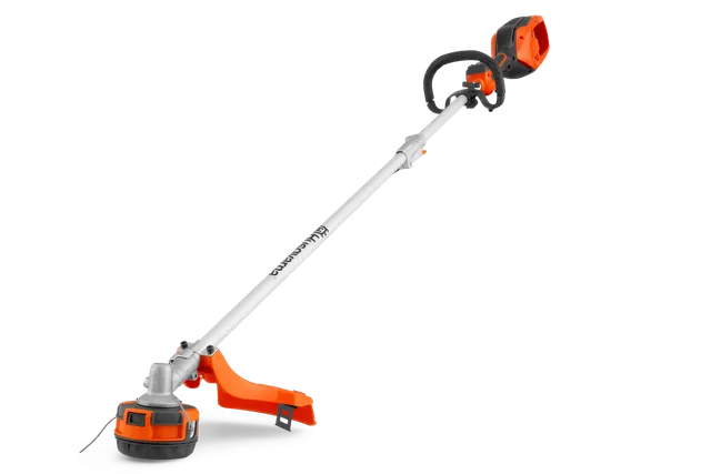 Side view of a Husqvarna battery-powered grass trimmer.