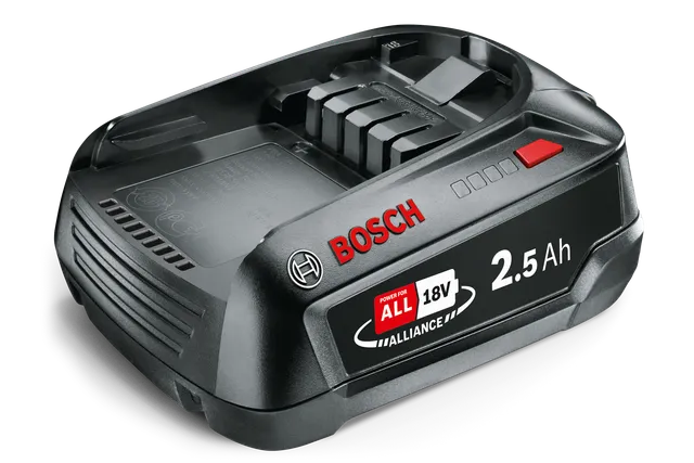 Side view of a Bosch 18V 2.5Ah battery pack.