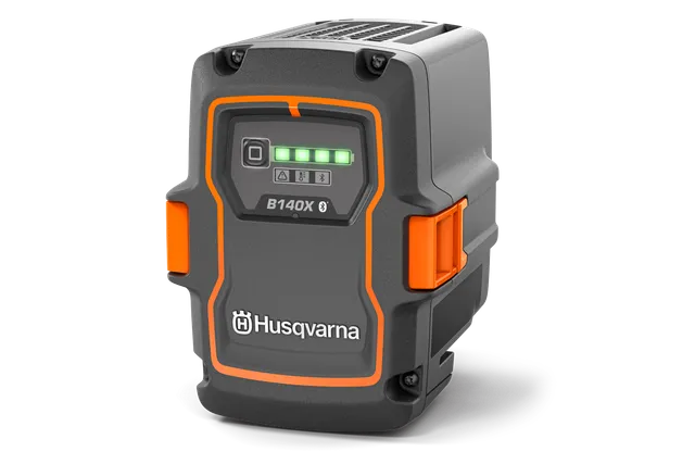 Front view of a Husqvarna B140X battery with LED charge indicator.