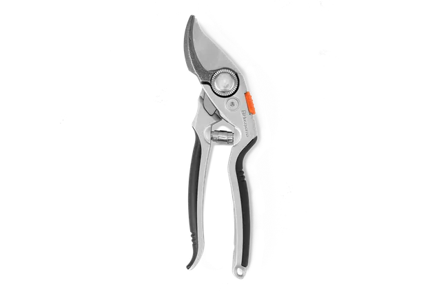 Top view of a Gardena pruning shear with ergonomic handle and sharp blade.