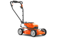 Side view of a Husqvarna battery-powered lawn mower.