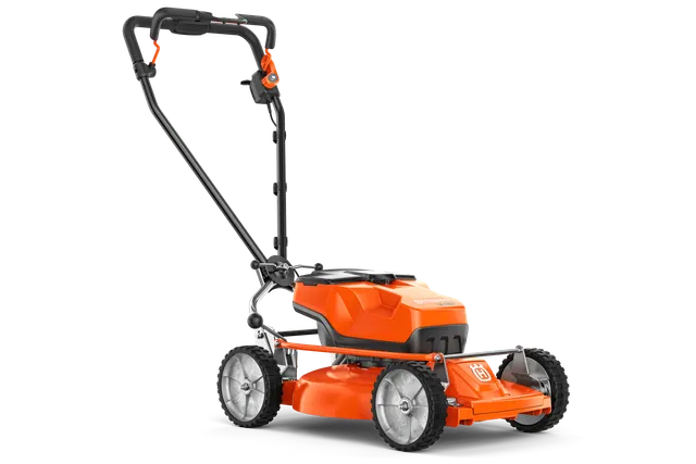 Side view of a Husqvarna battery-powered lawn mower.