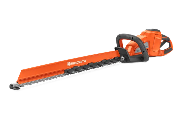 Side view of a Husqvarna hedge trimmer with a long cutting blade.