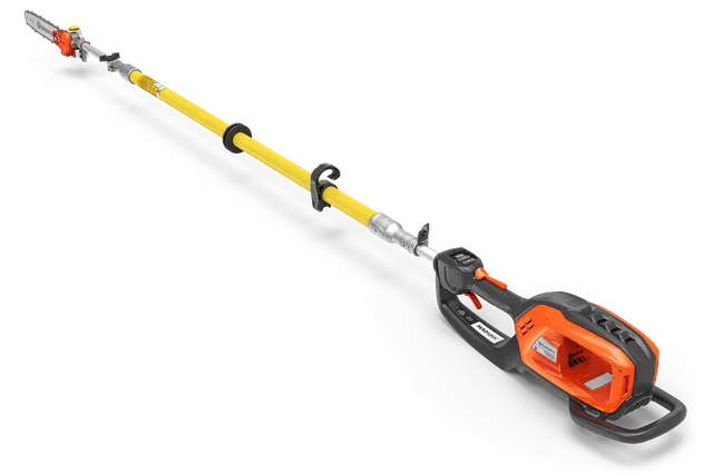 Side view of a battery-powered pole saw with an extended reach for trimming tall branches.