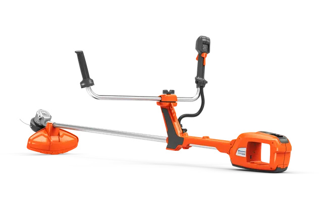 Side view of a Husqvarna brush cutter with ergonomic handles and cutting head.