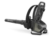 Side view of a Husqvarna leaf blower with open battery compartment.