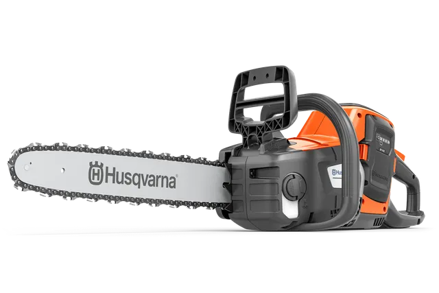 Side view of a Husqvarna chainsaw with ergonomic handle and visible branding.