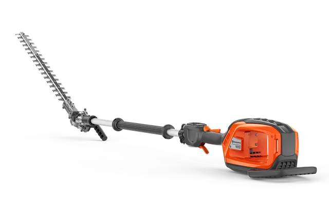 Side view of a Husqvarna battery-powered hedge trimmer with an extended pole.