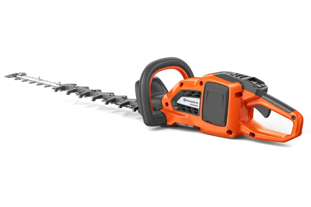 Side view of a Husqvarna hedge trimmer with ergonomic handle.