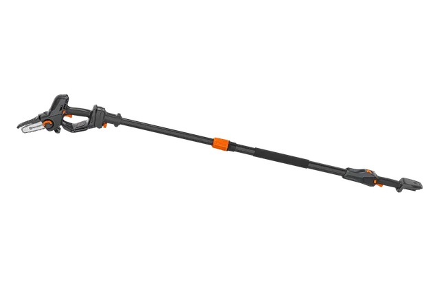 Side view of a telescopic pole saw with an extendable shaft and cutting blade.