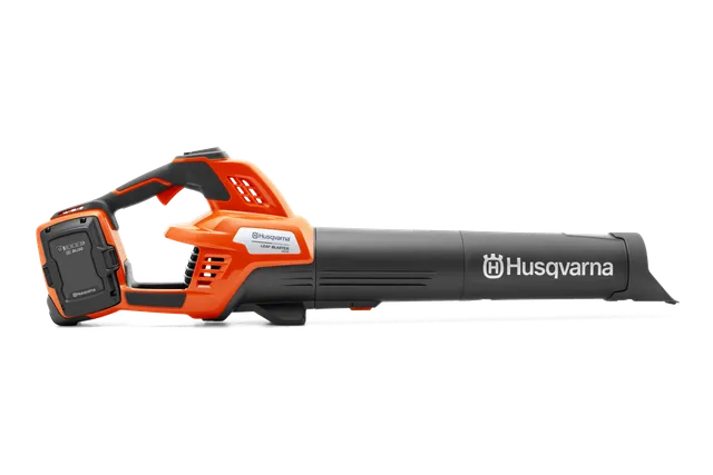 Side view of a Husqvarna battery-powered leaf blower.