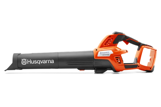 Side view of a Husqvarna leaf blower showcasing its ergonomic handle and design.