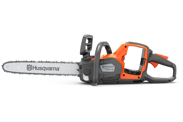 Side view of a Husqvarna chainsaw showcasing its ergonomic handle and design.