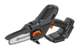 Side view of a Husqvarna chainsaw with ergonomic handle and battery compartment.