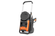 Front view of a Husqvarna pressure washer with wheels and hose reel.