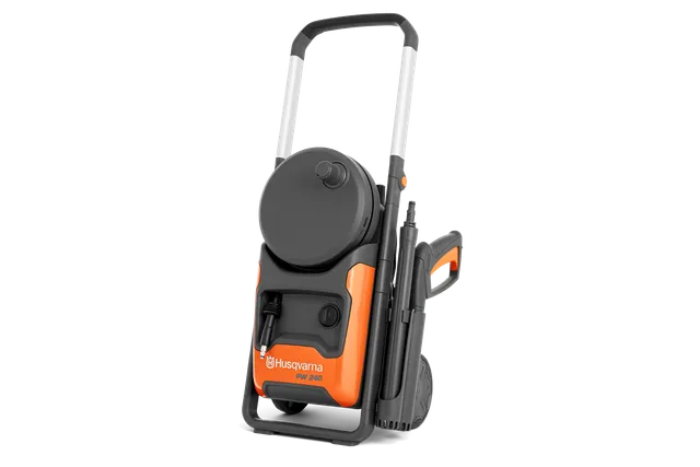 Front view of a Husqvarna pressure washer with wheels and hose reel.