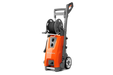 Side view of a Husqvarna pressure washer with hose reel and ergonomic handle.