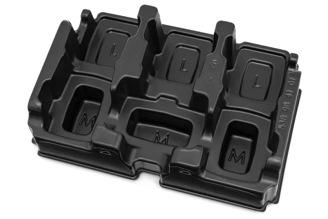 Top view of a plastic tray with compartments labeled 'L' and 'M'.