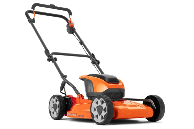 Side view of a Husqvarna battery-powered lawn mower.