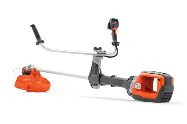 Side view of a battery-powered grass trimmer with ergonomic handle and cutting head.