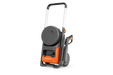 Front view of a Husqvarna pressure washer with wheels and hose reel.