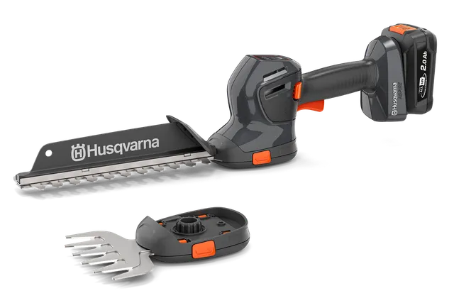Side view of a Husqvarna battery-powered hedge trimmer with interchangeable blades.