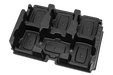 Top view of a black plastic packaging tray with multiple compartments.