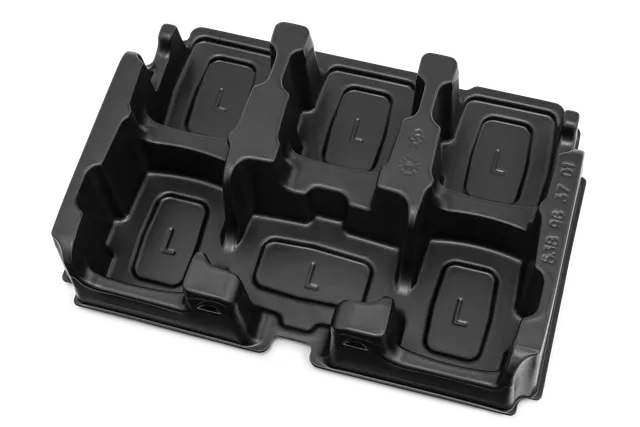 Top view of a black plastic packaging tray with multiple compartments.